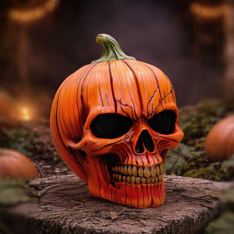 Pumpkin shaped like a skull on a dark background