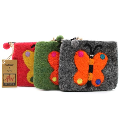 Butterfly Felt Zipper Pouch | Handmade Wool Pouch from Nepal