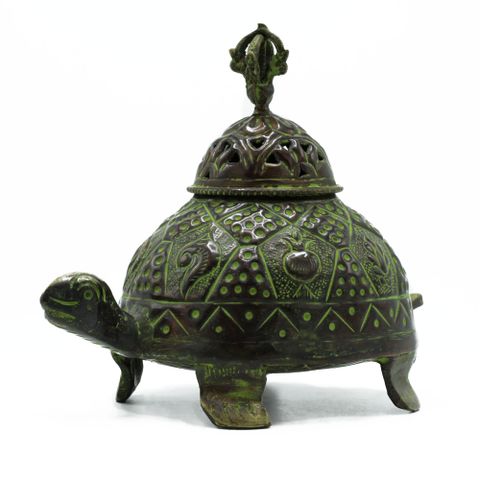 Brass Verdigris Tibetan Turtle Incense Holder Large