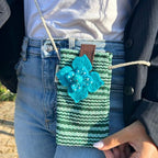 Flower Striped Phone Bag | Handmade Cotton Crossbody | Green