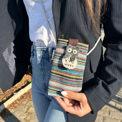 Owl Striped Phone Bag | Handmade Cotton Crossbody | Multi & White