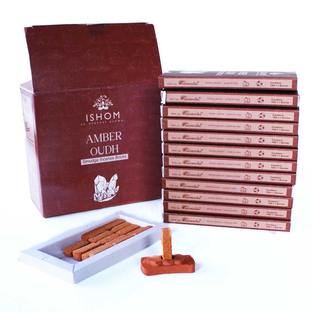 Amber Wood Incense Smudge Bricks & Terracotta Burner | Pack of 15