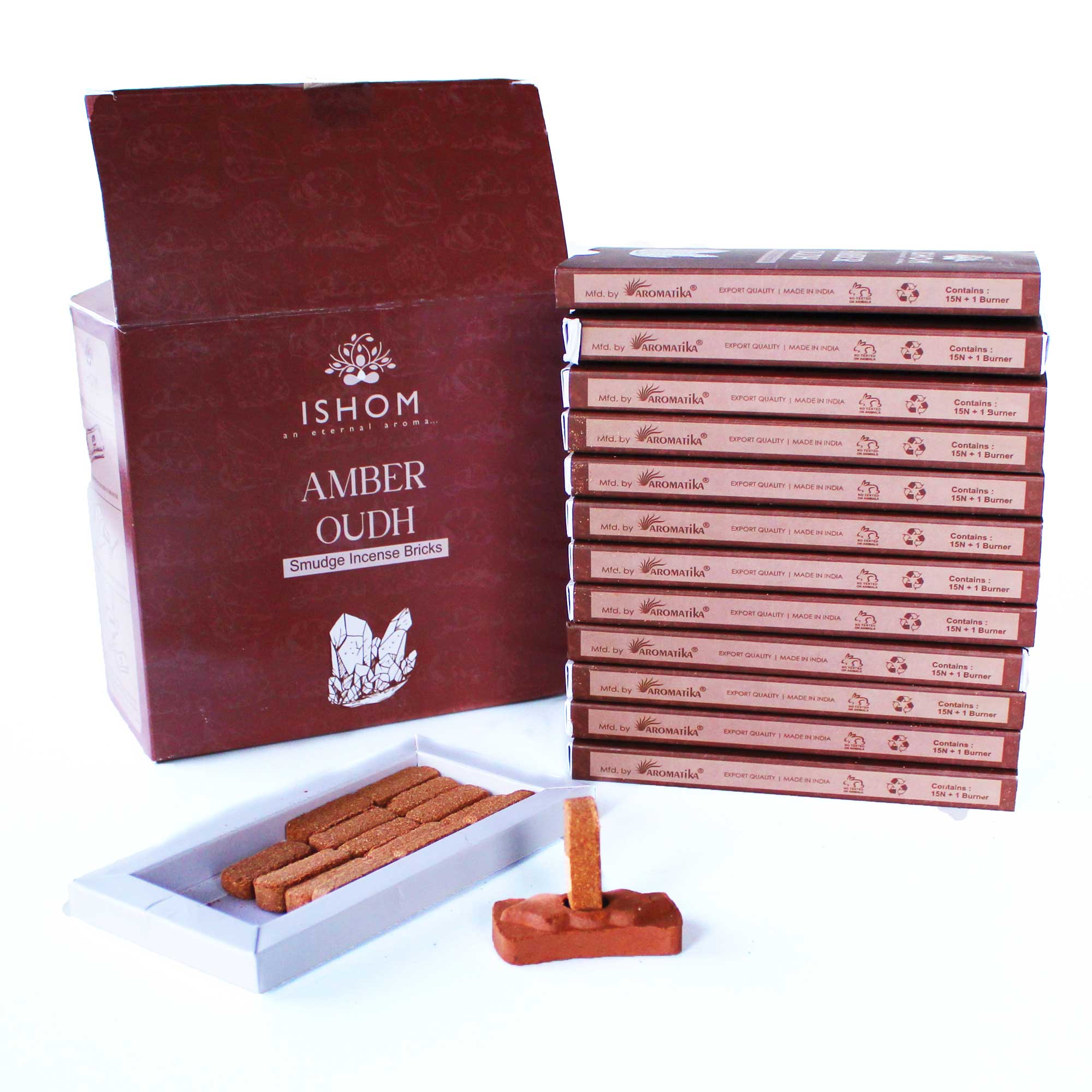 Amber Wood Incense Smudge Bricks & Terracotta Burner | Pack of 15