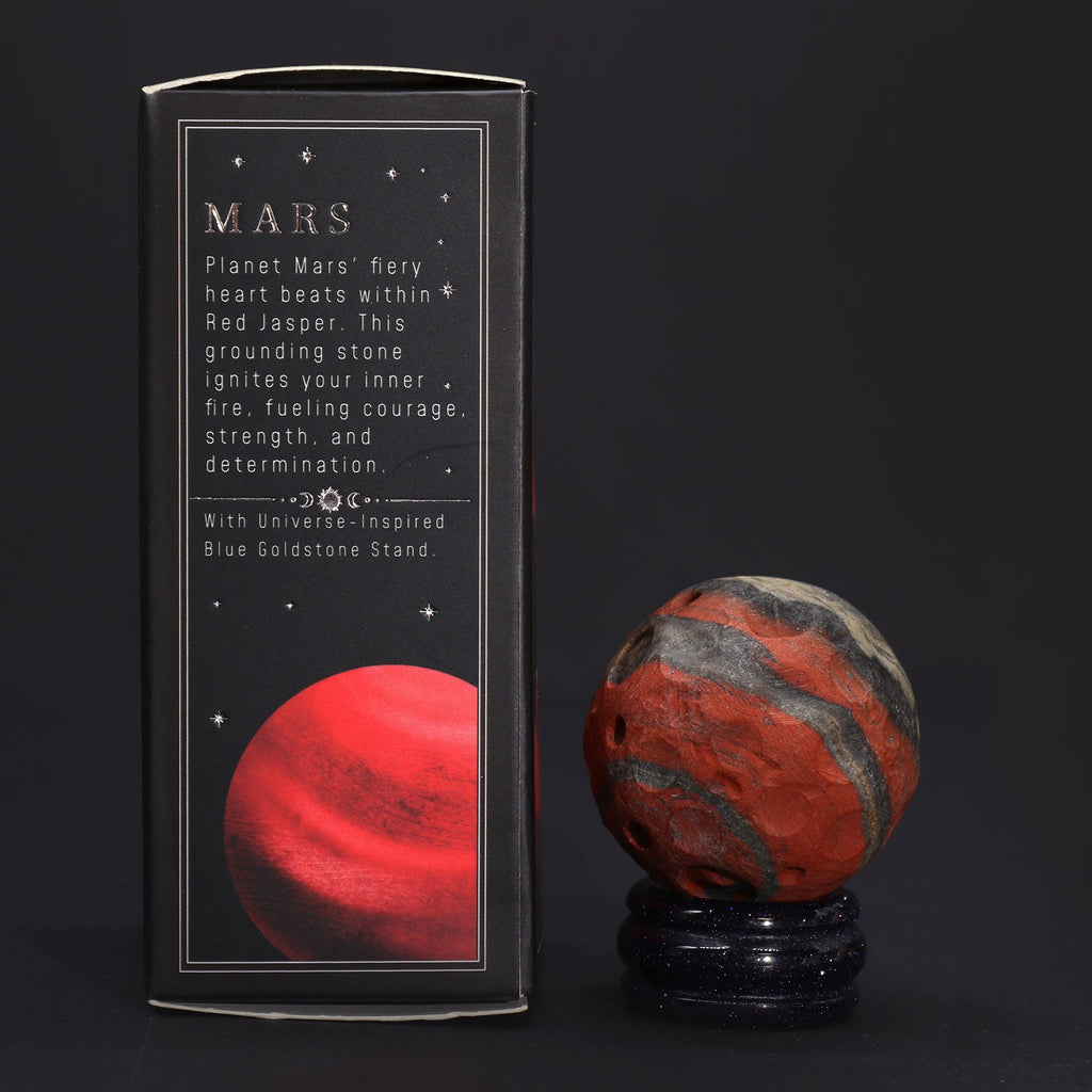 Eleanoras Red Jasper Planet on a Sola Goldstone Stand (MARS) Gemstones