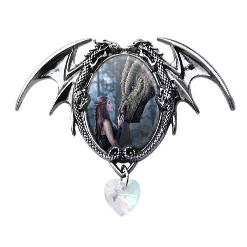 A gothic dragon wing brooch in silver-tone metal, featuring an oval inset with a fantasy illustration of a woman and a dragon, and a dangling heart-shaped iridescent crystal.