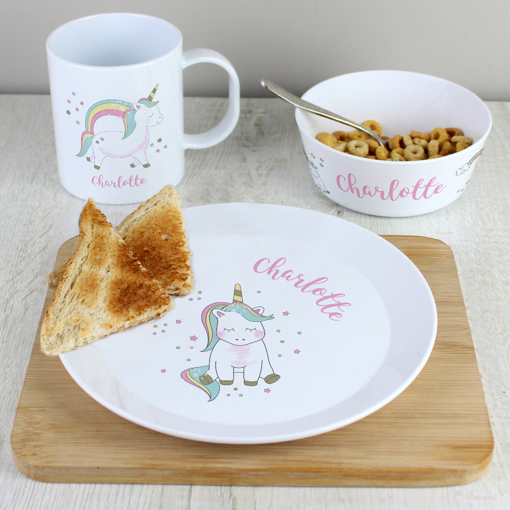 Eleanoras Personalised Unicorn Plastic Breakfast Set Dinnerware