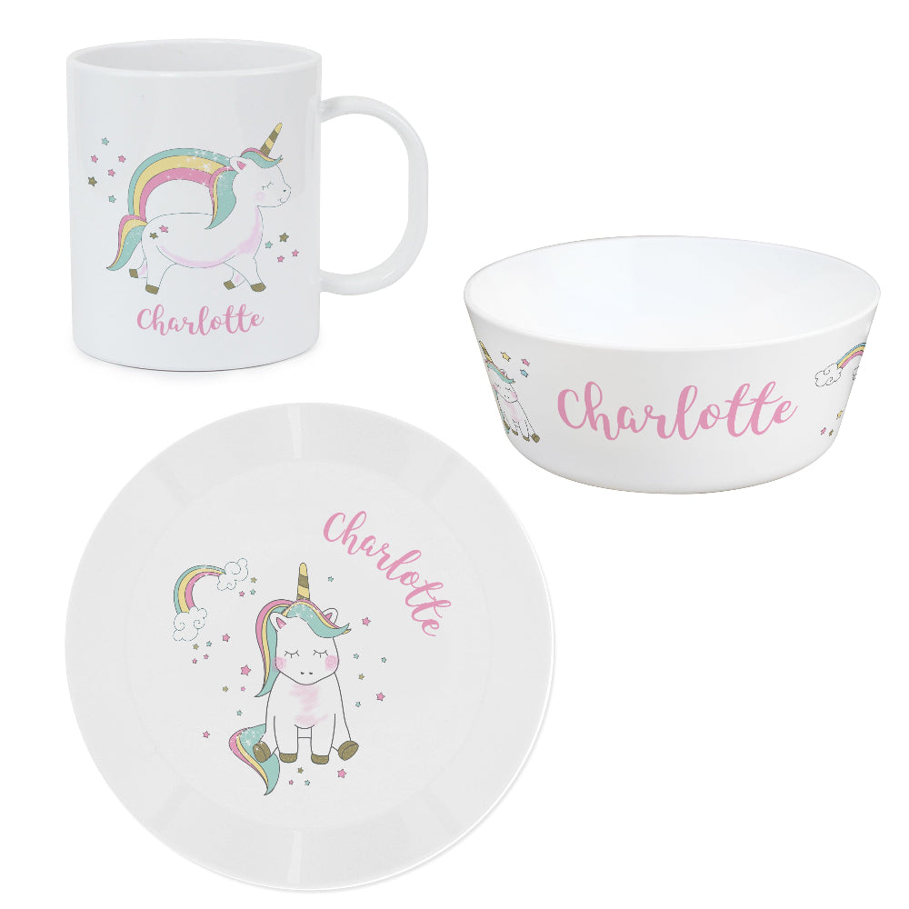 Eleanoras Personalised Unicorn Plastic Breakfast Set Dinnerware