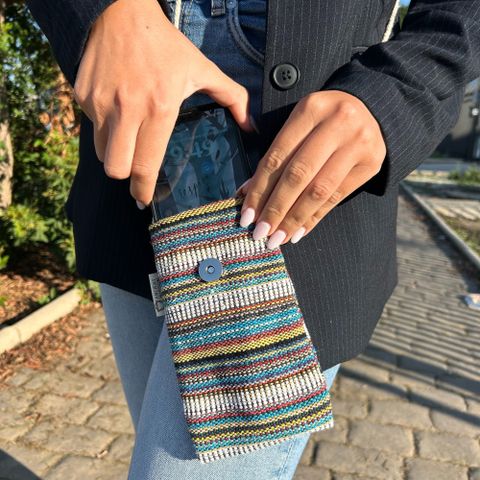 Owl Striped Phone Bag | Handmade Cotton Crossbody | Multi & White