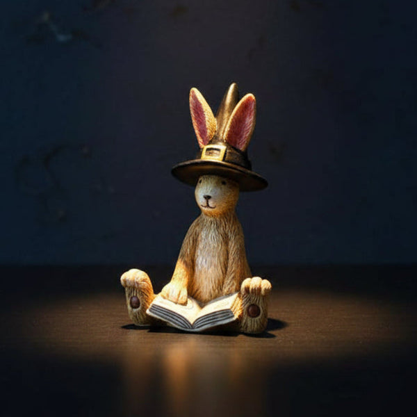 Figurine of a rabbit wearing a witch hat and reading a book on a wooden surface.