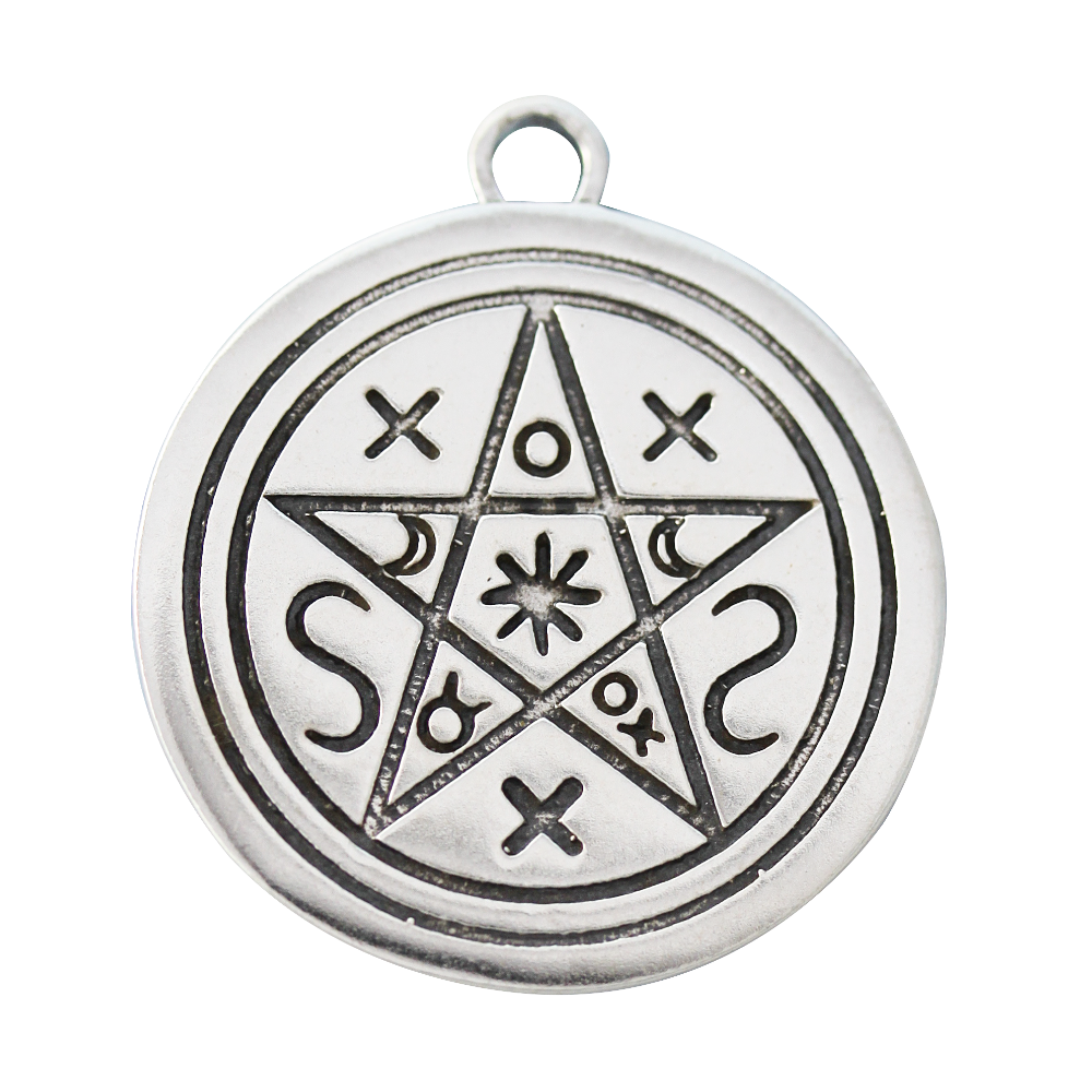 A round silver-toned metal pendant featuring an engraved pentagram with occult-style symbols, shown on a plain white background.