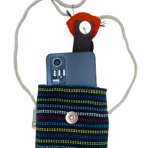 Fox Striped Phone Bag | Handmade Cotton Crossbody | Black & Multi