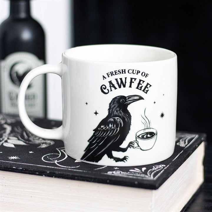 Gothic raven coffee mug with 'Fresh Cup of Cawfee' text - Raven lovers gift UK.