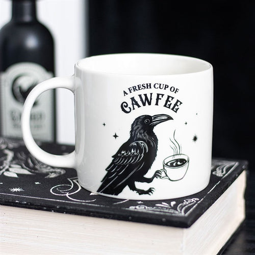 Gothic raven coffee mug with 'Fresh Cup of Cawfee' text - Raven lovers gift UK.
