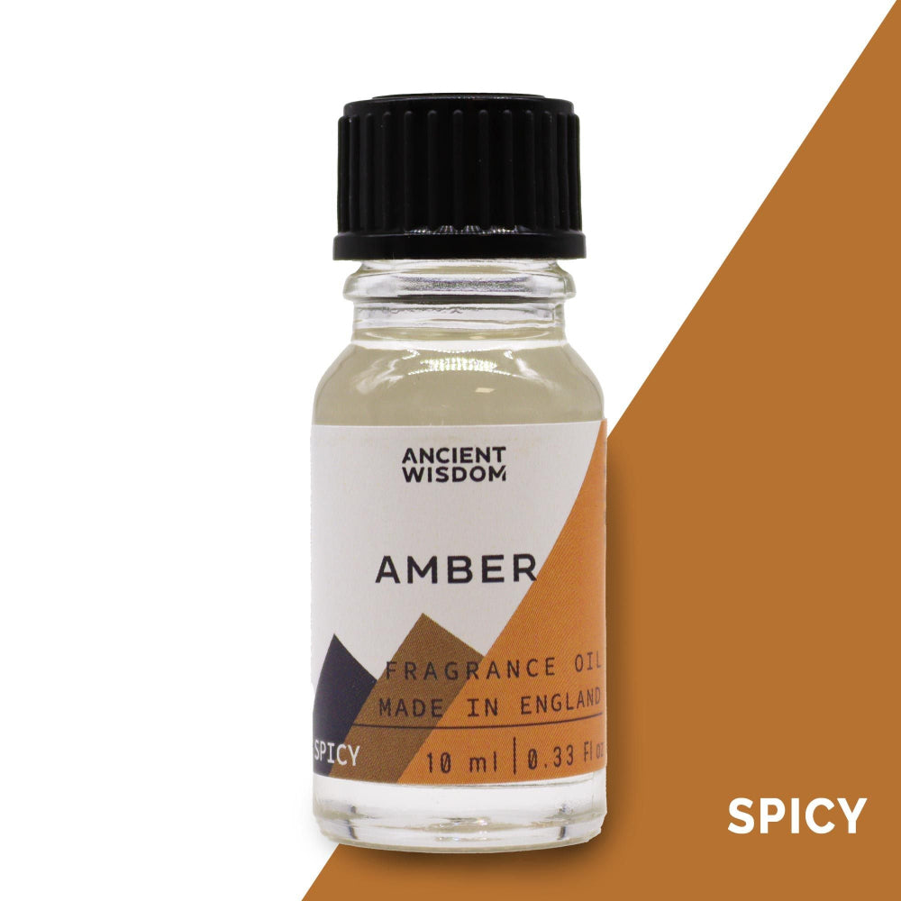 Bottle of Amber fragrance oil with a black cap on a white background