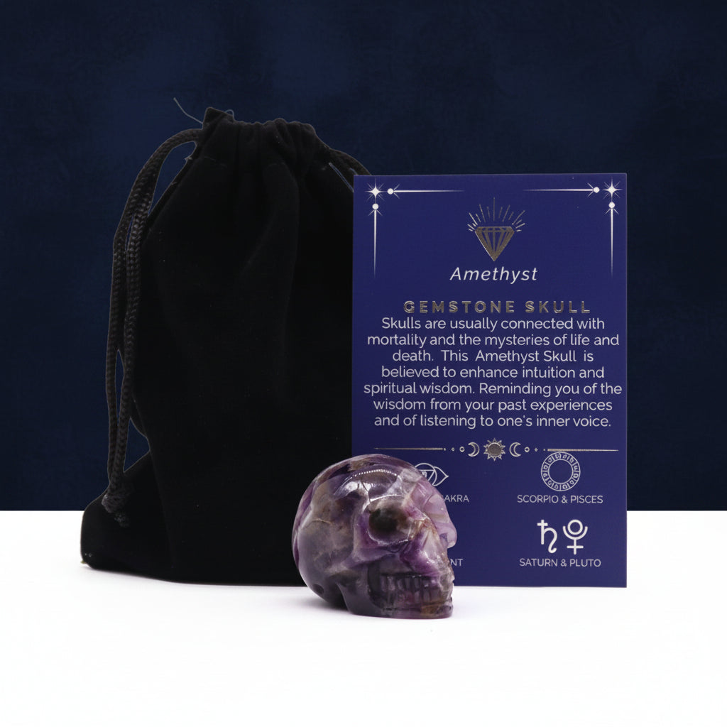 Amethyst crystal skull with black drawstring bag and information card on a white background . Eleanora Moon