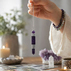 Hand holding a purple crystal pendant with a blurred background of crystals and candles.