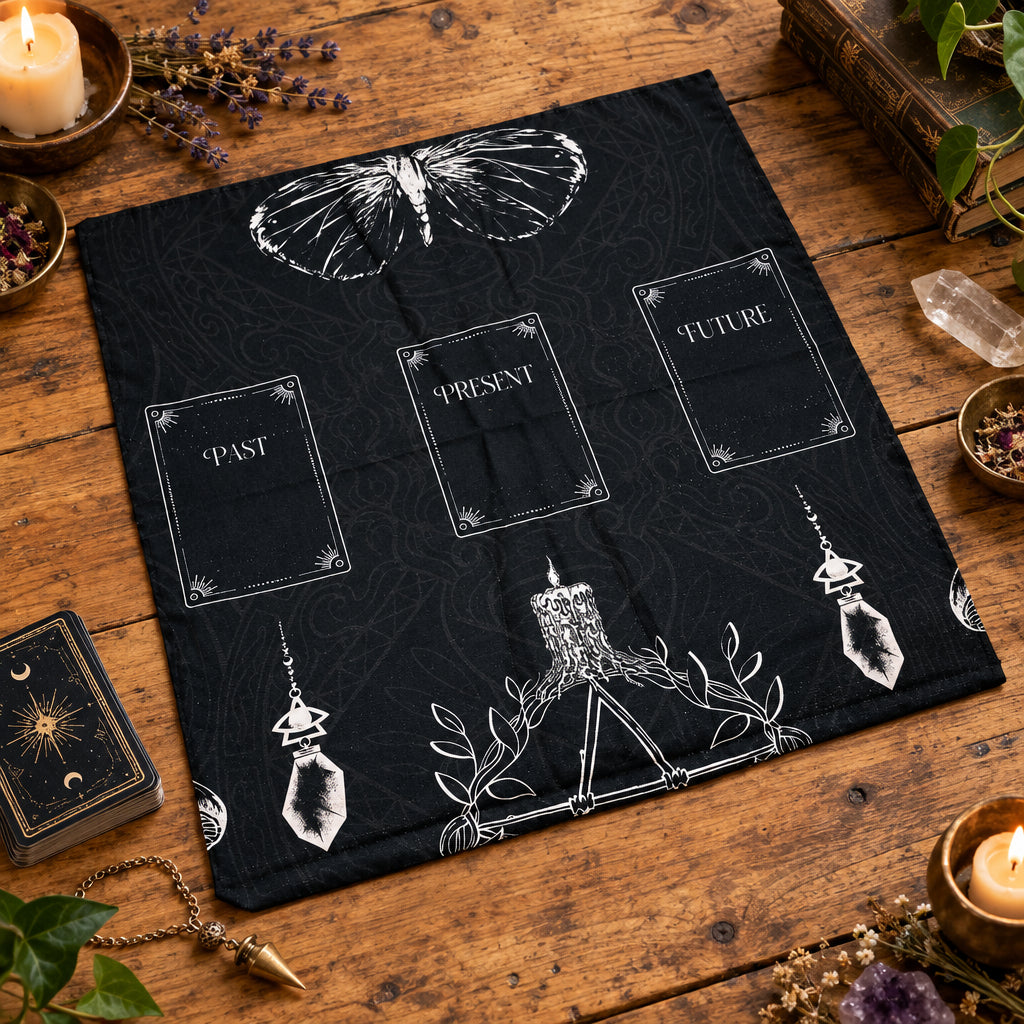 A square black cloth with white occult-style illustrations and text reading 'PAST', 'PRESENT', and 'FUTURE', laid flat on a rustic wooden table surrounded by candles, crystals, dried flowers, and tarot cards.
