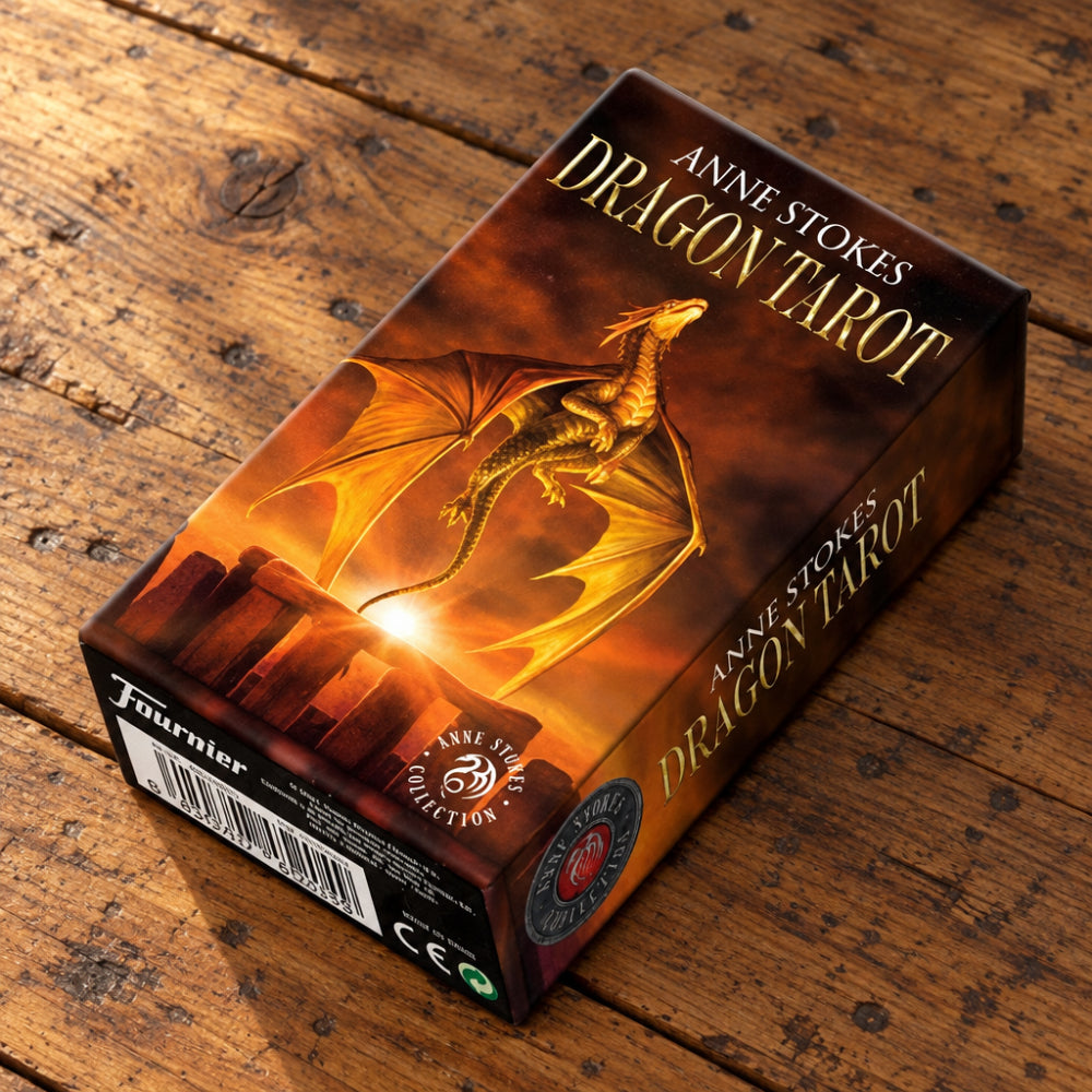 Dragon Tarot card box with a gold dragon on a brown background. Anne Stokes Collection at Eleanora Moon