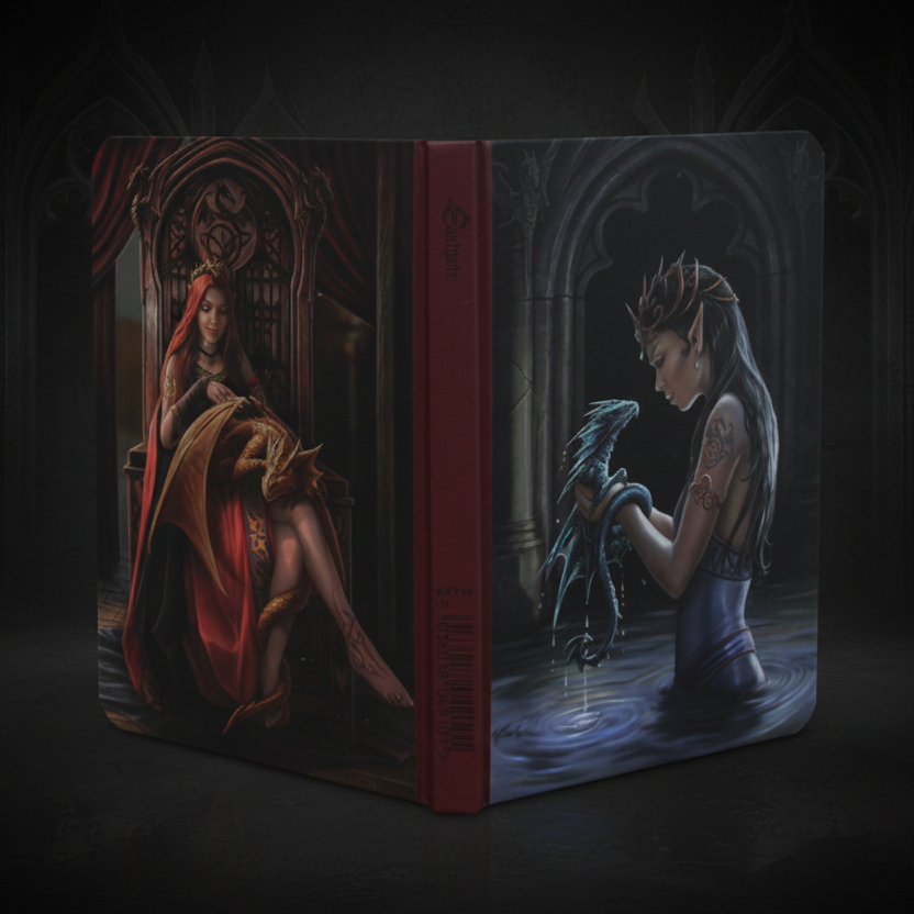 A hardcover art book shown open, featuring fantasy-style illustrated covers: a seated woman in a red cloak on the left and a kneeling figure holding a blue creature on the right. The spine is dark red with vertical text.