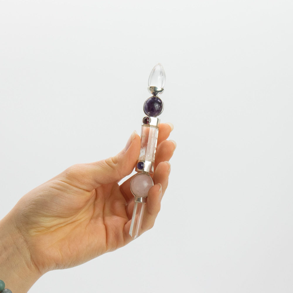 Axis of Grace Wand - Amethyst & Rose Quartz Spheres, Quartz Stem - 12cm