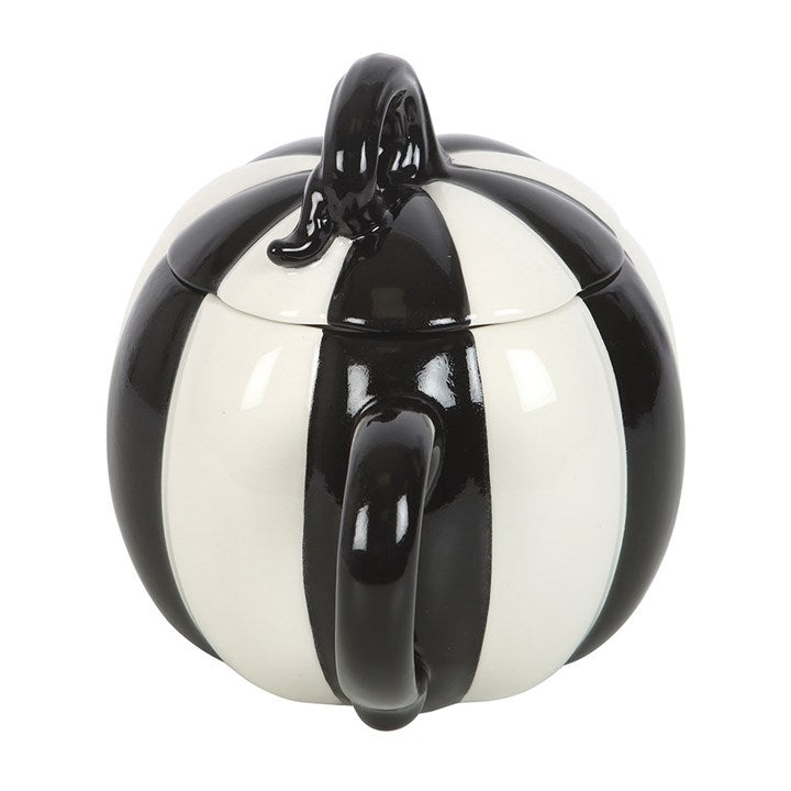 Eleanoras Black and White Striped Pumpkin Lidded Mug Mugs
