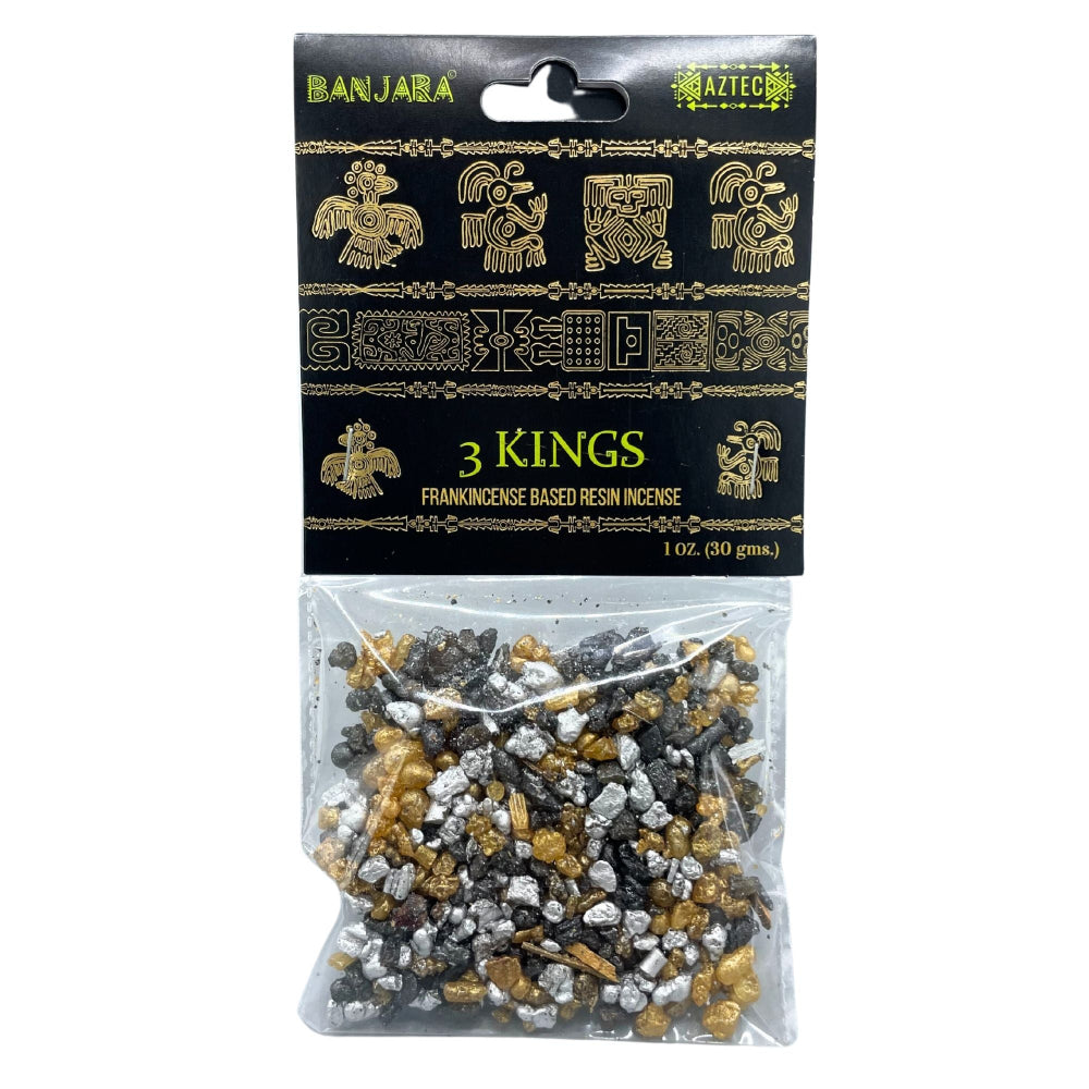 Packaged incense with '3 Kings' branding on a black background