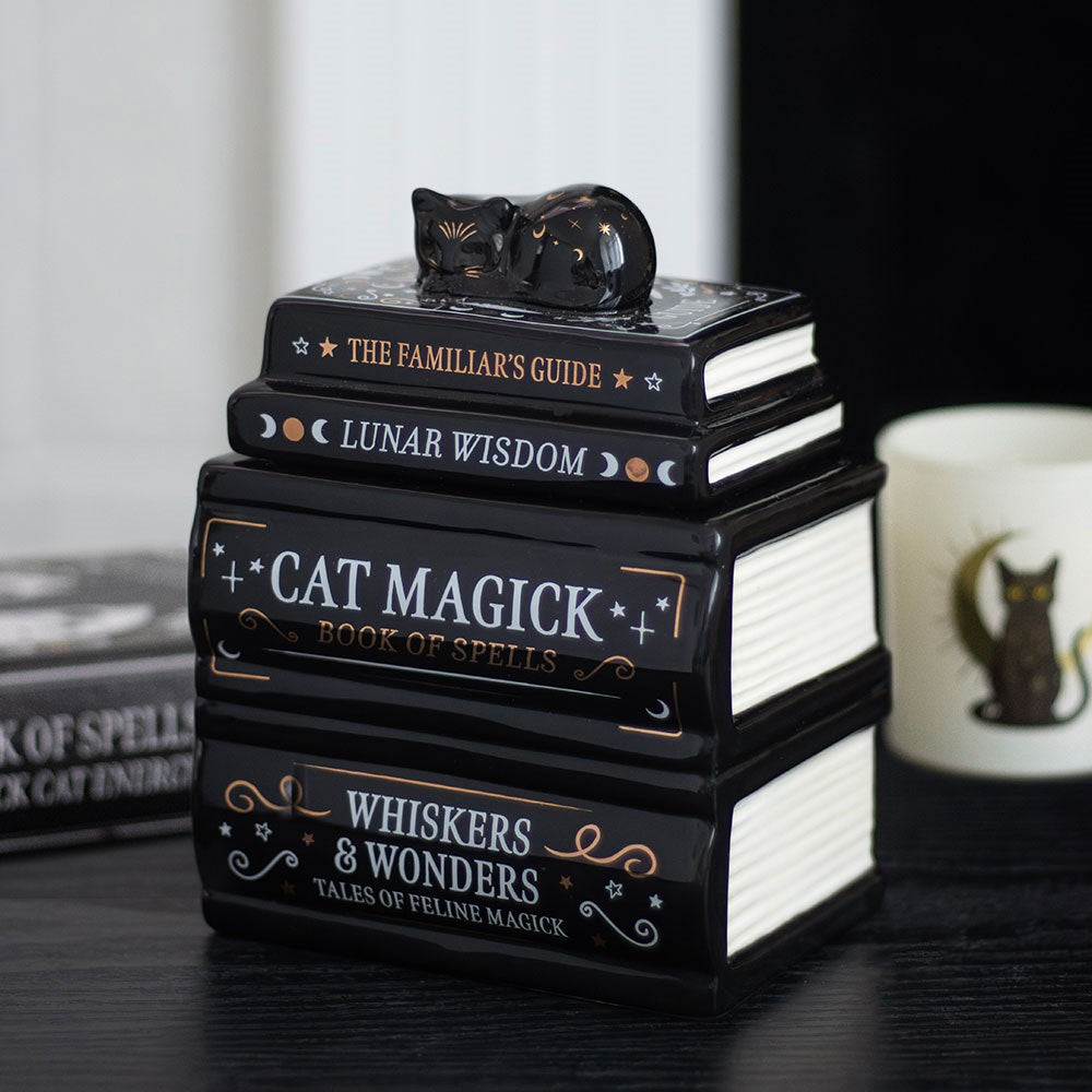 Ceramic oil burner with black cat and magical book stack design. Sleeping blck cat on the top of the books.