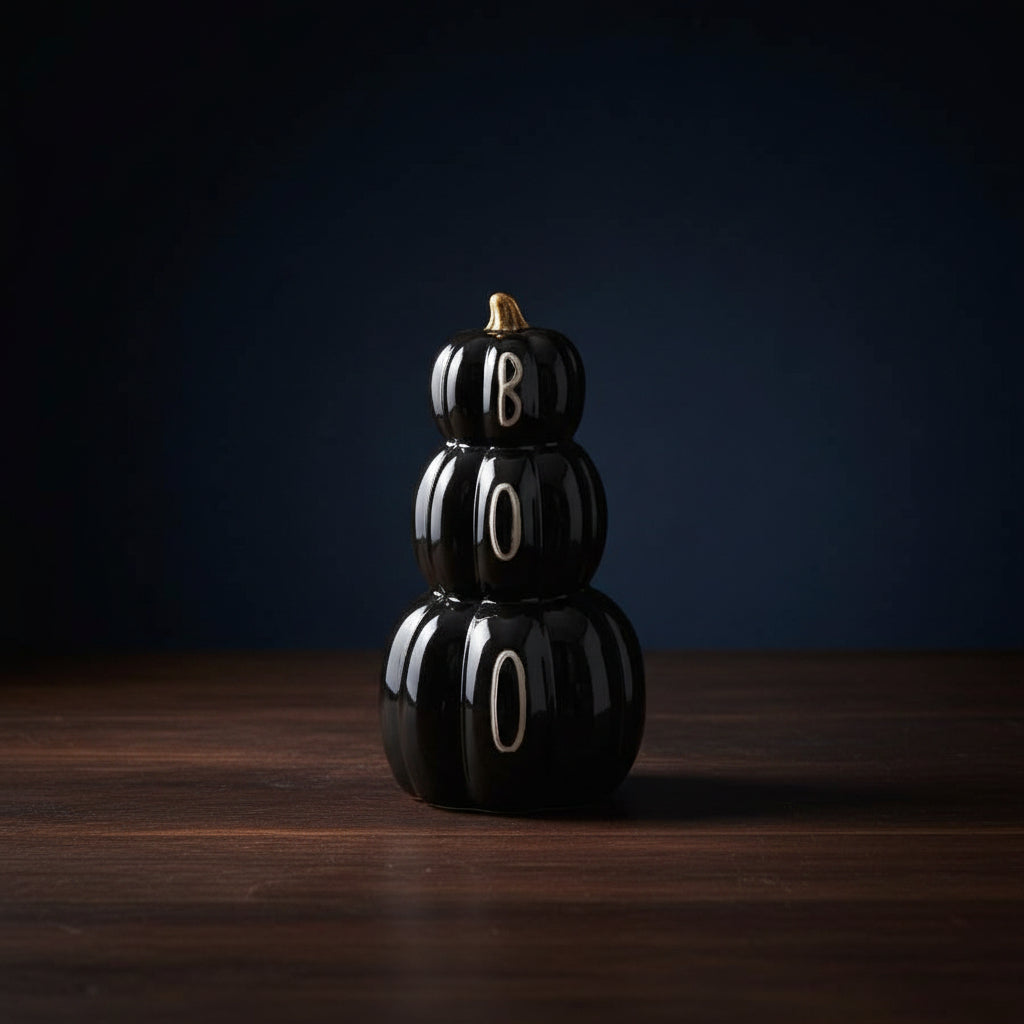 A glossy black stacked pumpkin decoration spelling 'BOOO' with white lettering, placed on a light wood surface against a neutral light gray background.
