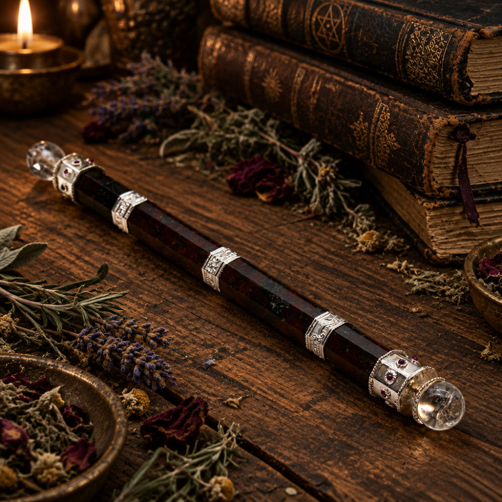 Bloodroot Sovereign Wand — Extra Long Fancy Jasper with Crystal Ball Top