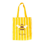 A yellow and white vertically striped canvas tote bag with a central bumblebee graphic and the words 'Busy Bee' printed below it, shown on a plain white background.