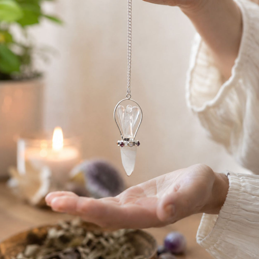Celestial Guide | Clear Quartz Angel Two-Piece Pendulum with Chakra Band