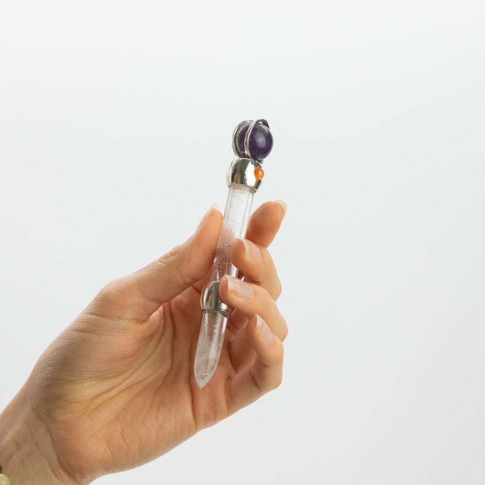 Celestial Prism Wand - Amethyst Moving Crystal Sphere Quartz Stem