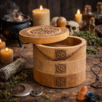 Wooden box with Celtic knot designs on a mystical background with candles and herbs.