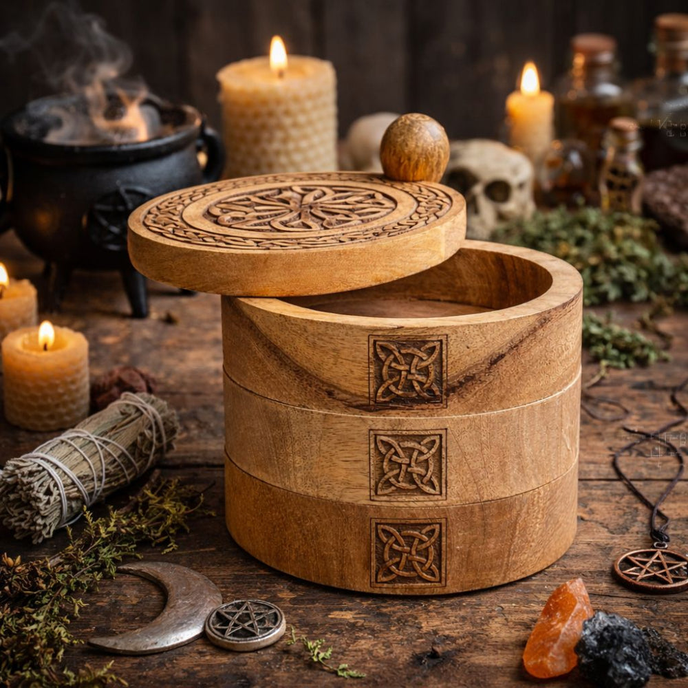 Wooden box with Celtic knot designs on a mystical background with candles and herbs.