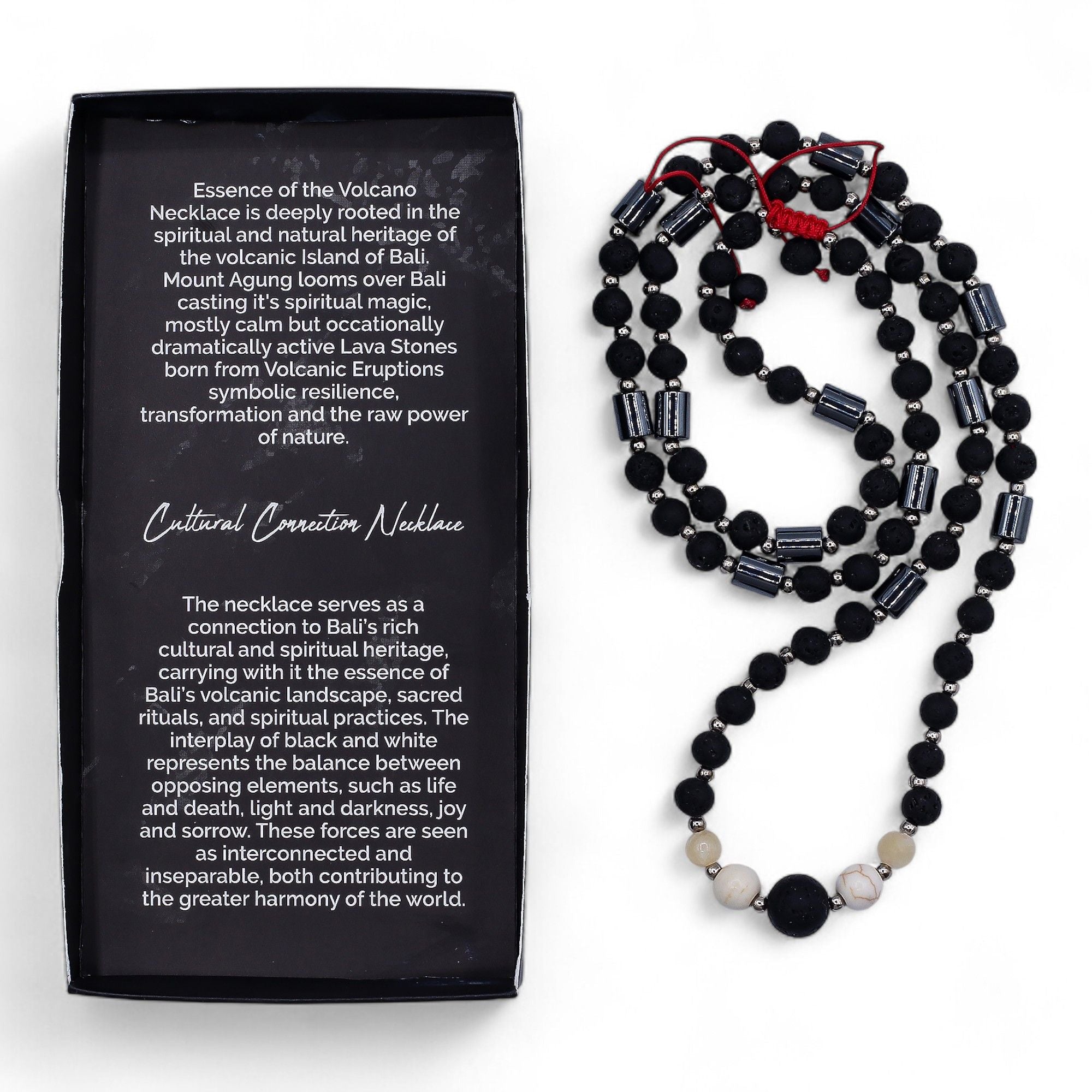 Black beaded necklace with red accents next to a black box with text on a white background