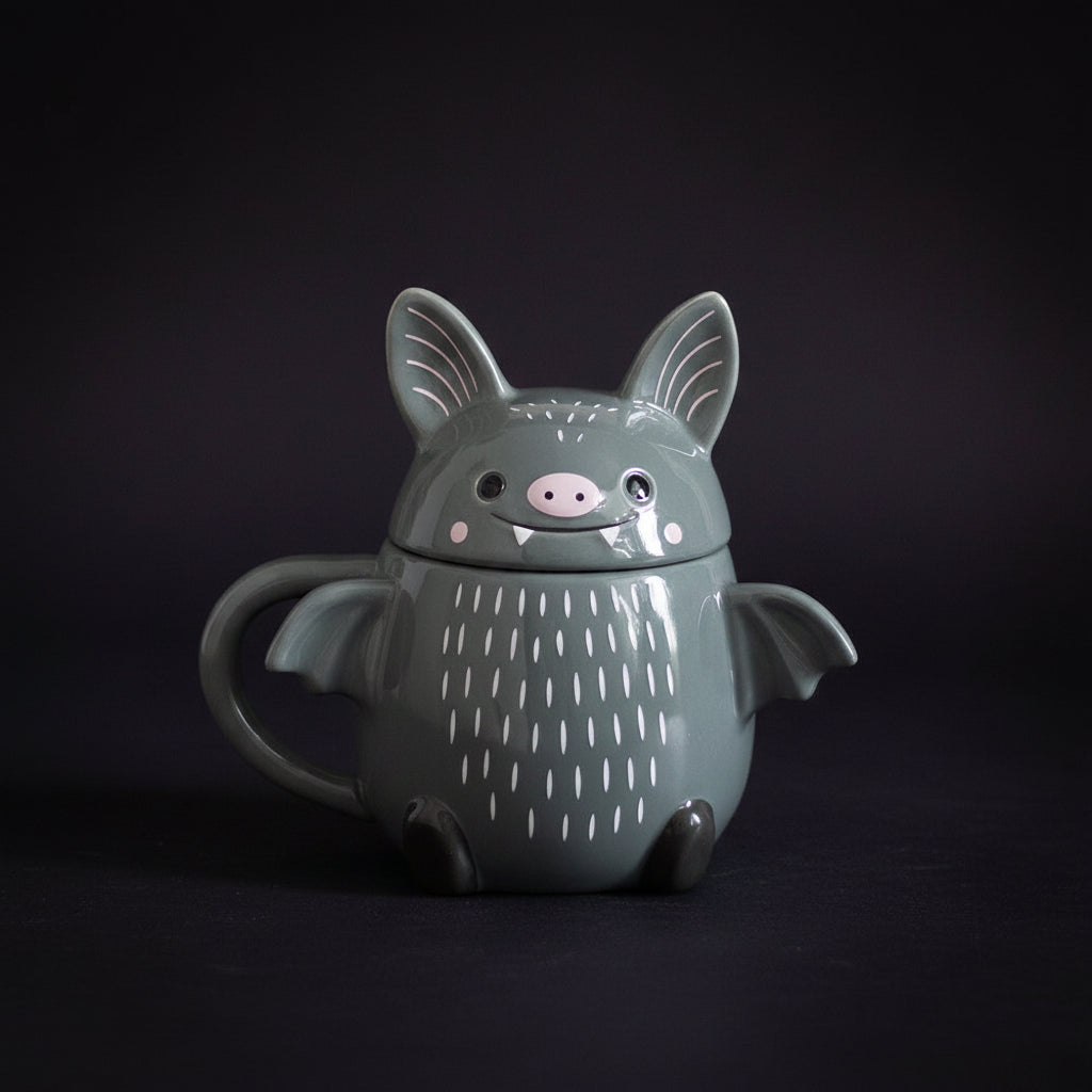 Bat-shaped teapot with a cute face on a wooden surface