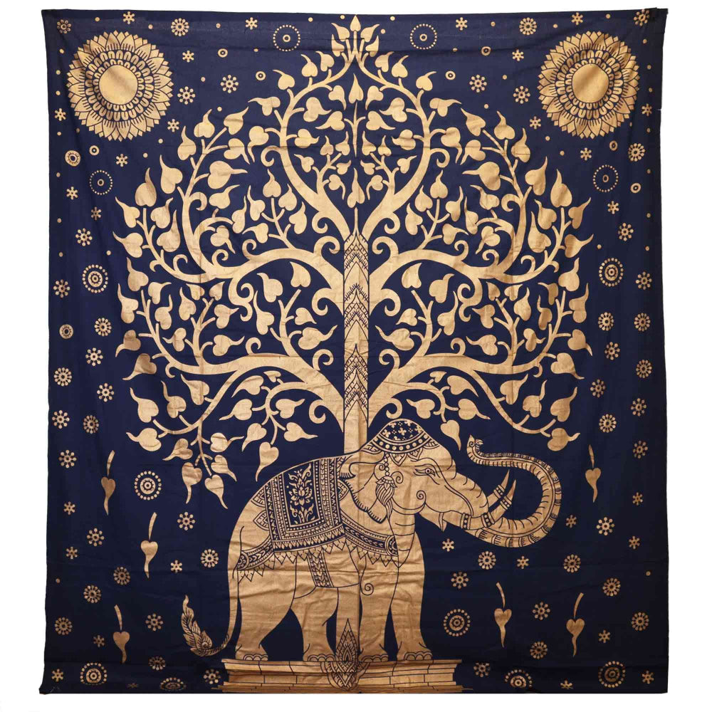 Decorative tapestry with gold tree and elephant design on a blue background