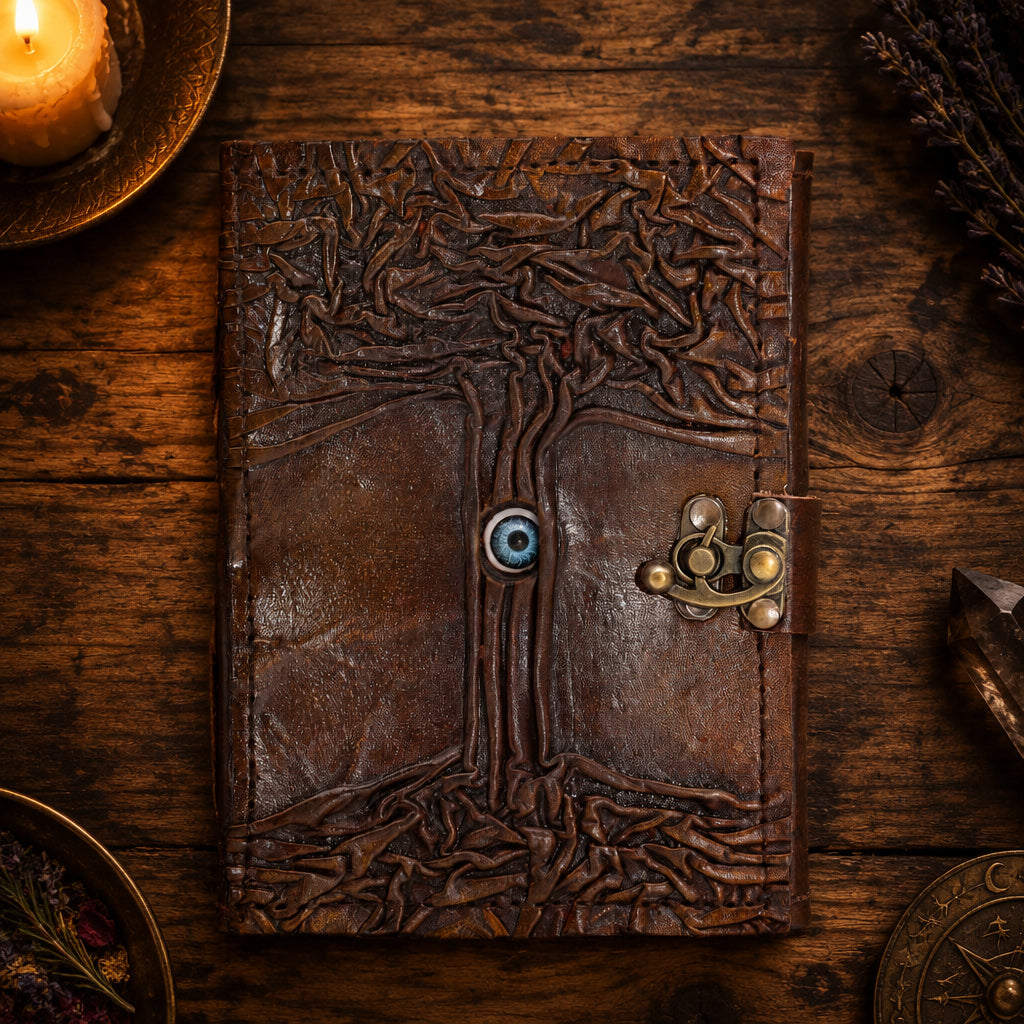 Brown leather journal with tree design and metal clasp on a white background