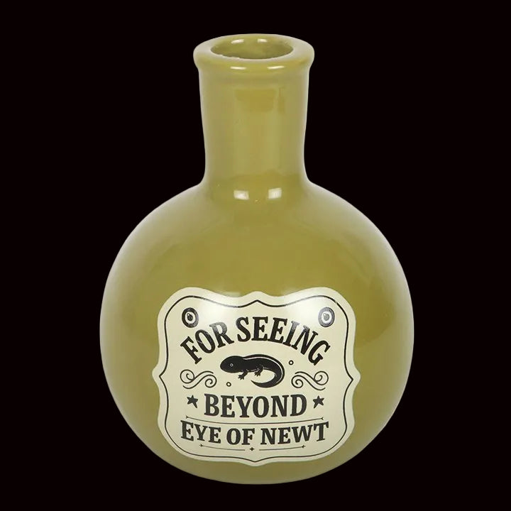 Green bottle-shaped container with a label on a white background
