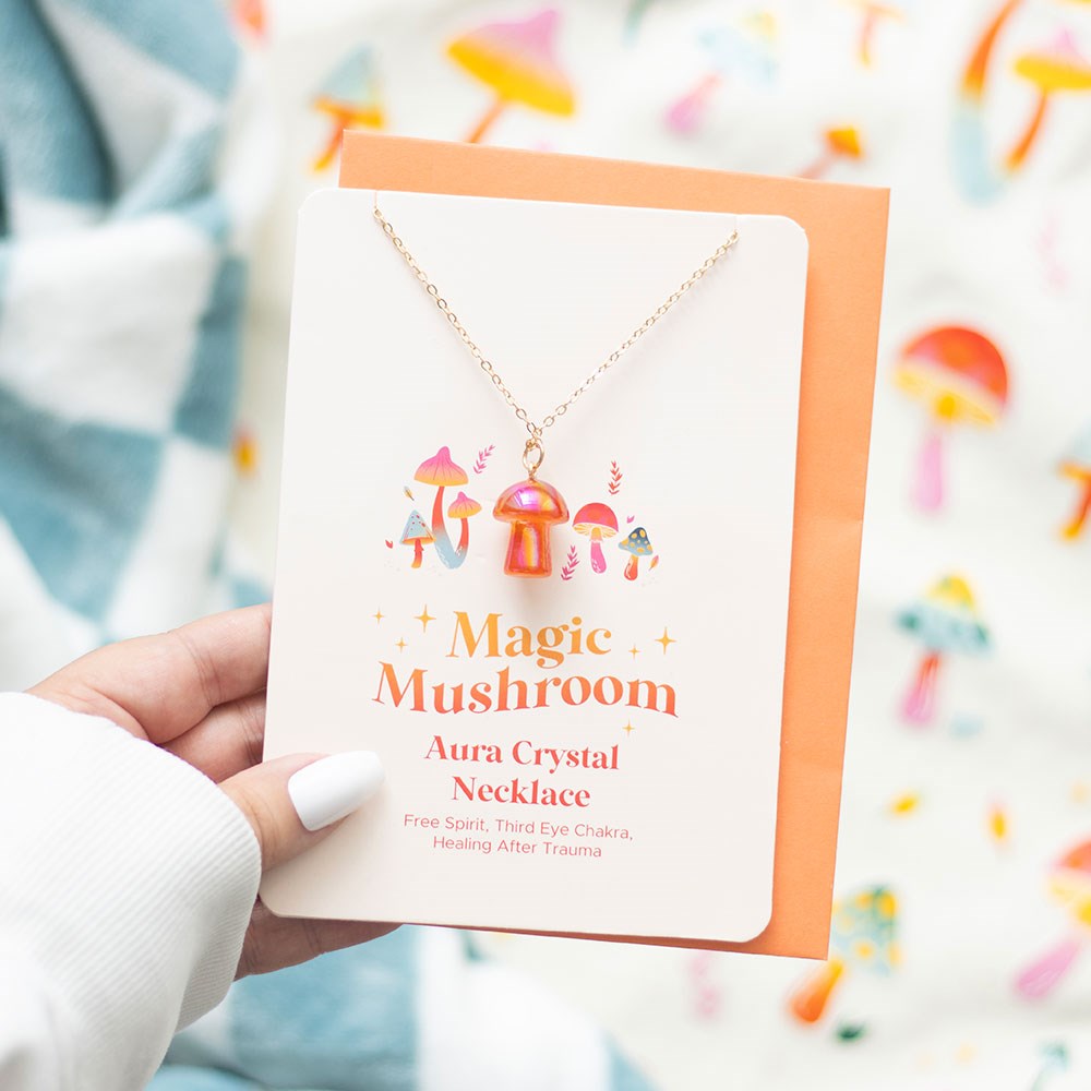 Eleanoras Orange Aura Crystal Mushroom Necklace Greeting Card Necklaces