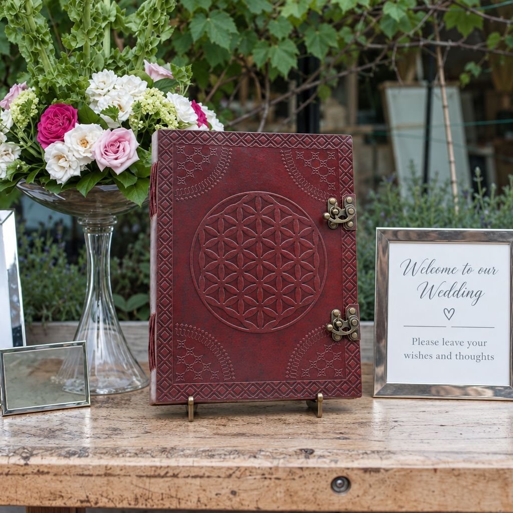 A dark red embossed leather wedding guest book displayed on a rustic wooden table outdoors, styled with a flower arrangement, a small mirror, and a 'Welcome to our Wedding' sign.