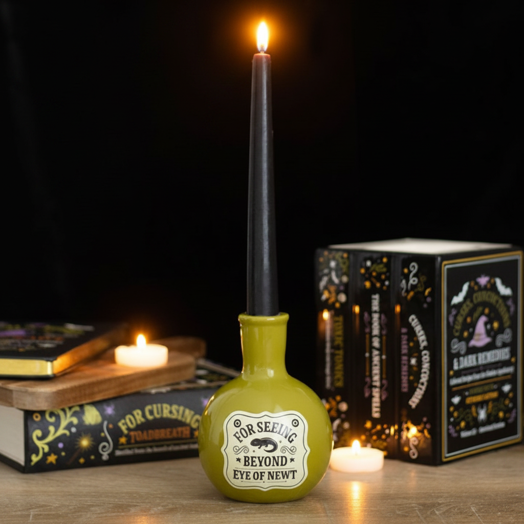 Green bottle-shaped candle holder with a lit black candle on a wooden surface with books and decorative items.