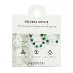 Forest Spirit Nature Inspired Gemstone Ring Set packaging with green gemstones on a white background