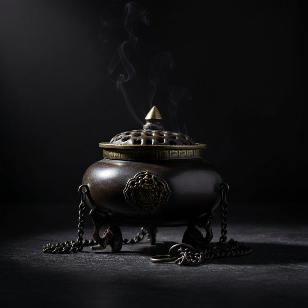 Bronze incense burner with smoke against a dark background at Eleanora Moon
