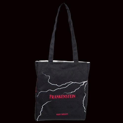 Black tote bag with 'Frankenstein' and 'Mary Shelley' text on a white background