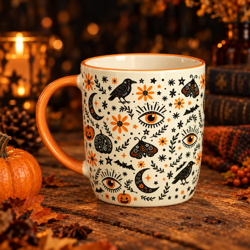 Decorative mug with eye and nature pattern on a wooden surface