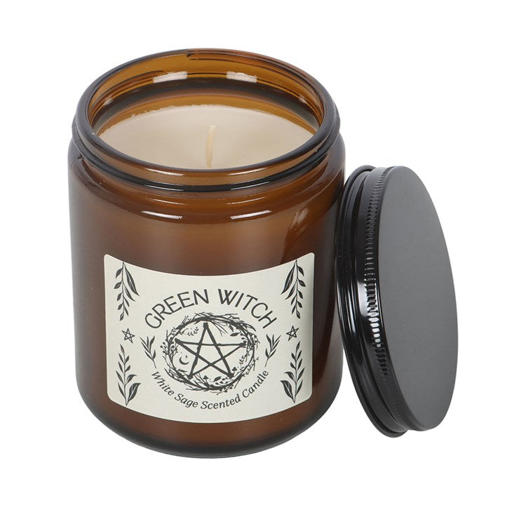 Green Witch Amber Glass Candle - White Sage
