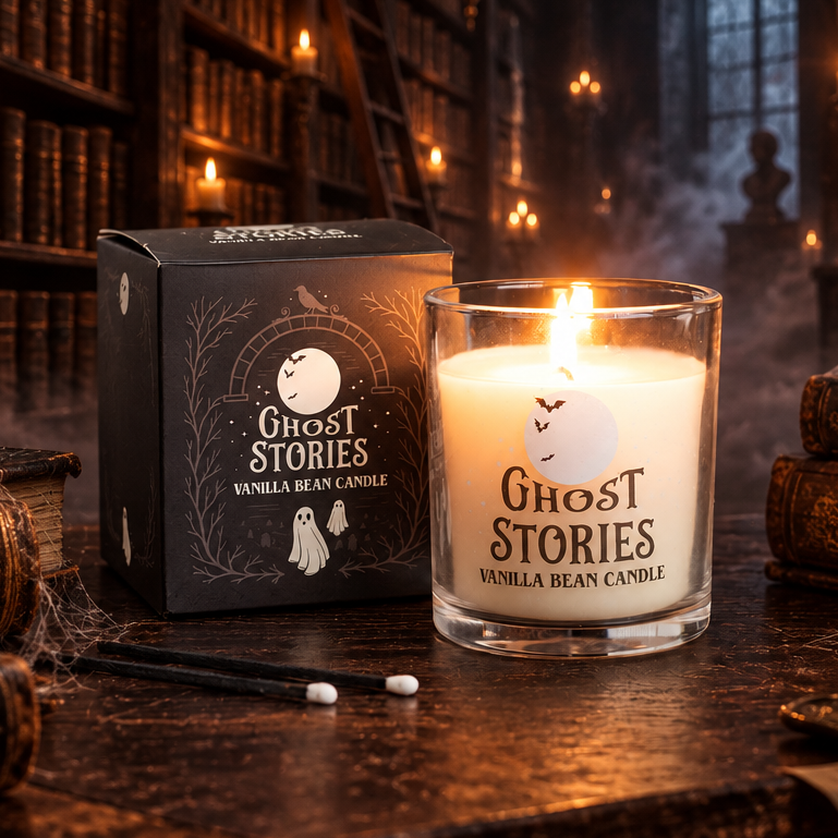 Ghost Stories vanilla bean candle with packaging on a dark surface