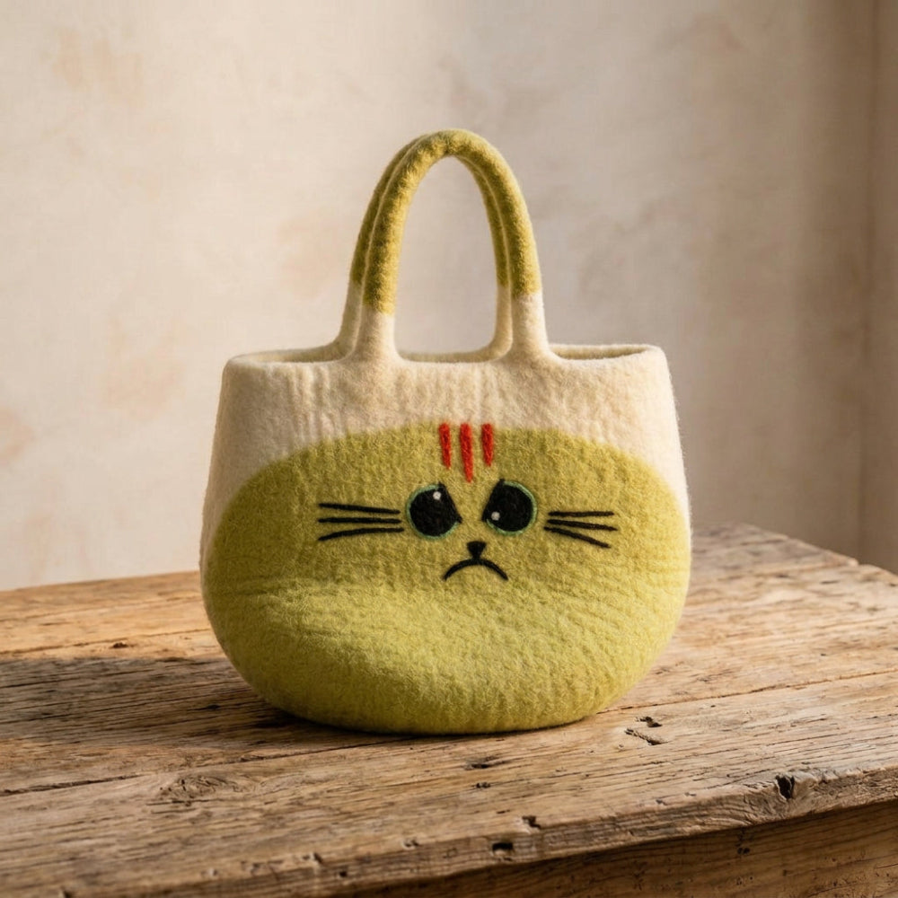 A cream and light yellow felt tote bag with a cute sad cat face design, styled on a beige stone surface next to a vase and books.