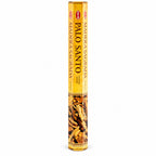 A single tall cylindrical incense stick package labeled 'PALO SANTO' and 'MADERA SACRADA' in Spanish, with a yellow-gold wrapper and a photo of dried wood pieces near the bottom, shown on a plain white background.